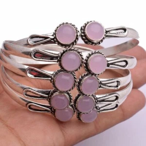 Rose Quartz Gemstone 925 Sterling Silver Plated 1Pcs Cuff Bangles Lot Jewelry - Picture 1 of 1