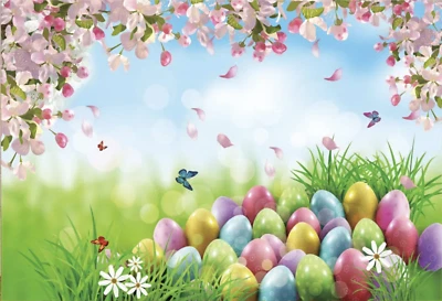EASTER EGGS HUNT FLOWERS BUTTERFLY CHOCOLATE PERSONALISED PARTY BANNER BACKDROP - Image 1 of 3
