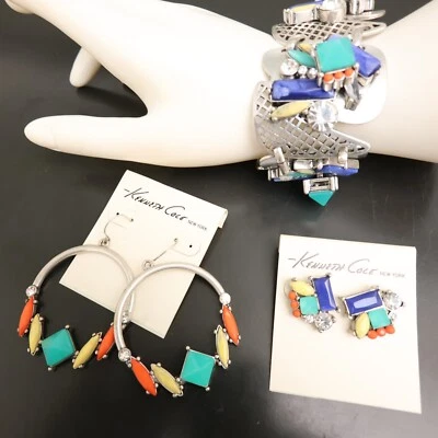 Kenneth Cole jewelry set colorful crystals bracelet 2 pairs earrings silvertone - Image 1 of 4
