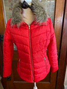 Arizona Jean Co. Size Junior L Red Puffer Jacket Coat With Detachable Fur Collar - Picture 1 of 9