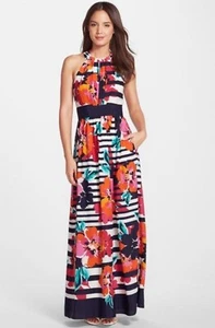 Eliza J Women’s Multicolor Striped Floral Maxi Dress Halter Pocket Size 4P - Picture 1 of 15