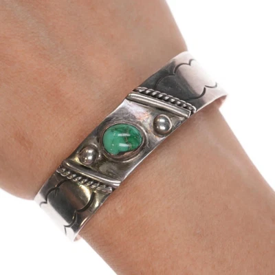 6.375" Vintage Navajo sterling and turquoise hand tooled cuff bracelet - Image 1 of 4