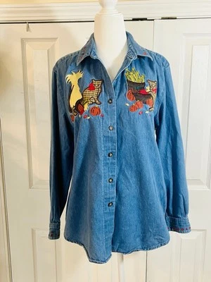 Karen Scott denim fall team embroidered button down shirt size small. - Image 1 of 4