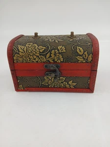 Wooden Jewelry Box Red Floral Fabric Hinged Treasure Chest Trunk Latch Decor - Picture 1 of 12