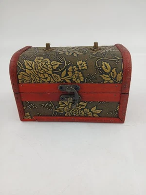 Wooden Jewelry Box Red Floral Fabric Hinged Treasure Chest Trunk Latch Decor - Image 1 of 4