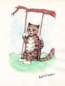 Louis Wain original watercolour Swinging Cat - Picture 1 of 3