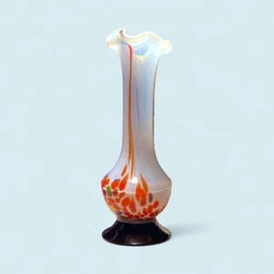 Hand Blown Art Glass Vase 8" Iridescent Ruffled Top Red Orange Abstract Floral - Picture 1 of 7