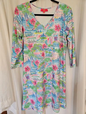 Vestido Kaeli Smith Manga 3/4 Tropical Palm Beach Life Estampado Azul Rosa Talla Grande Foto 1 de 4