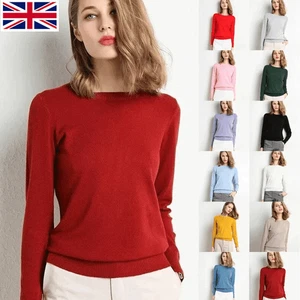 Ladies Faux Wool Cashmere Sweater Knitted Pullover Slim Crew Neck Sweater Solid - Picture 1 of 34