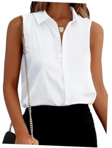  Women's Sleeveless Button Down Shirts Blouses Solid Casual Medium 1-white - Picture 1 of 7