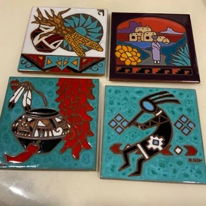 4 Tribal Ceramic Tiles Trivets decor teal Kokopelli maize Pueblo Native American - Photo 1/12