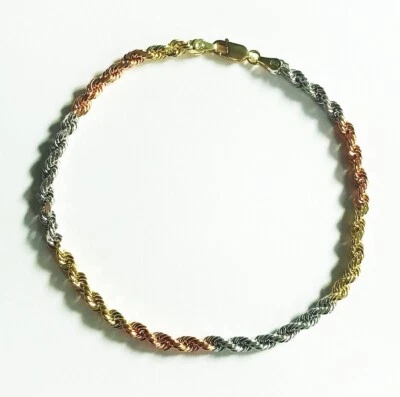 10.5gm 14k Solid Gold Tri Color Men's Women's Diamond Cut Rope Bracelet 8.5" 4mm - Image 1 of 4