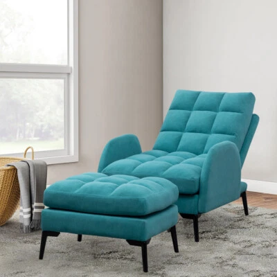 HM-GARDEN123 Velvet Recliner Armchair Lounge Chair Cube with Footrest Stool Sleeper Sofa Teal