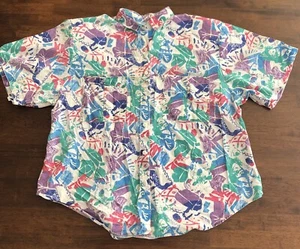 Vintage 80s Women's M L Cherokee Short Sleeve Button Shirt Pink Blue White Green - Picture 1 of 12
