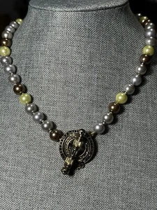 Double Knotted Art Glass Beaded Necklace Gray, Green, Copper Pearl Yellow Toggle - Picture 1 of 6