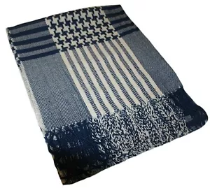 Geo Metric Print, Check Pattern Oblong Shawl, Navy Blue - Picture 1 of 3