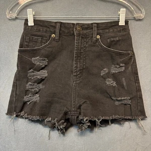 Stella Distressed Black Denim Shorts High Rise Frayed Hem Cutoff Festival Grunge - Picture 1 of 10