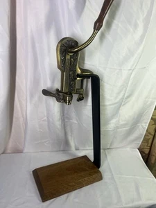 Rogar Estate Brass Wine Bottle Opener Ornate Brass Wood Stand Corkscrew Vintage - Picture 1 of 8