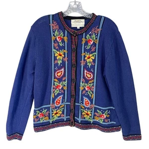Susan Bristol Cardigan Sweater M Blue Floral Embroidered Button Front - Picture 1 of 14