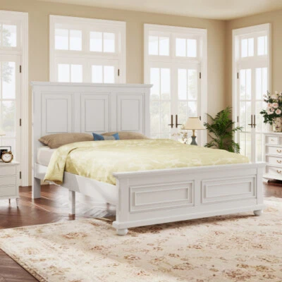 Full/Queen/King Platform Bed with Headboard and Footboard Vintage Wood Bed Frame - Image 1 of 4