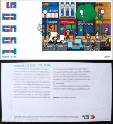 Jersey Stamps: "Popular Culture 1990's" First Day Cover £3 Mini Sheet 2021 - Image 1 of 3
