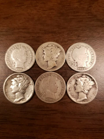 Lot Of 6 Silver Dimes 3 Barber 3 Mercury Dates 1892-1945 Cover