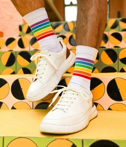 Mens Tipsy Elves White Rainbow 100% Cotton Crew Socks New With Tag - Picture 1 of 5