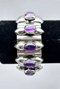 VTG Sterling Silver Amethyst Taxco Mex Modernist MCM 7" Panel Bracelet - 56.8g - Picture 1 of 9