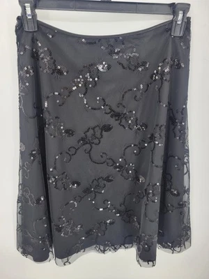 Falda de Noche Adrianna Papell Para Mujer 8 Negra Lentejuelas Encaje Superposición Acampanada Elegante Foto 1 de 4