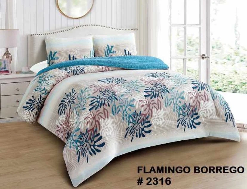 FLAMINGO LEAVES MULTICOLOR BLANKET WITH SHERPA SOFTY AND WARM 3 PCS QUEEN  SIZE - Image 1 of 1