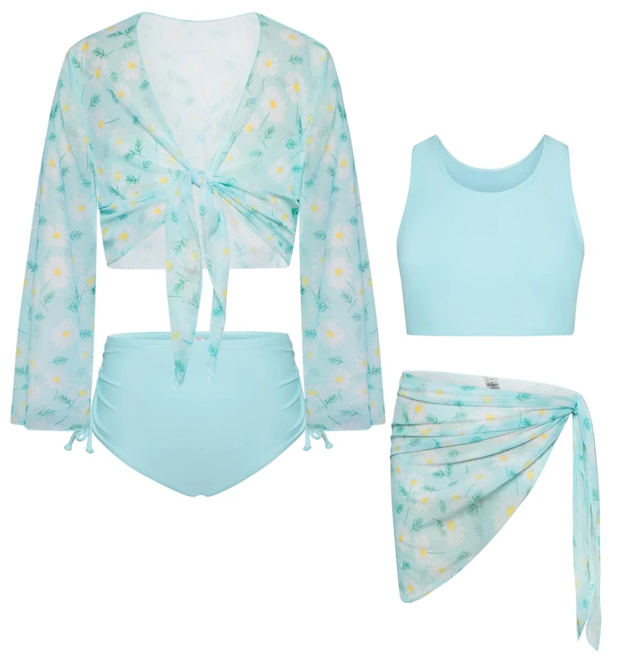 Traje de baño azul claro para niñas manga larga Rushguard lindo traje de baño Tween Daisy... Foto 1 de 4