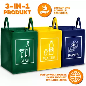 3er Set Recycling Mülltrennsystem Glas Plastik Papier Mülleimer Mülltrenner - Bild 1 von 7