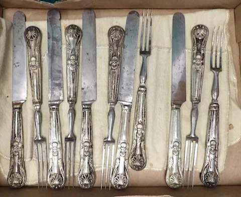 11 Piece Antique English Silver Three Tine Forks and Knives - Shell Decor Cover
