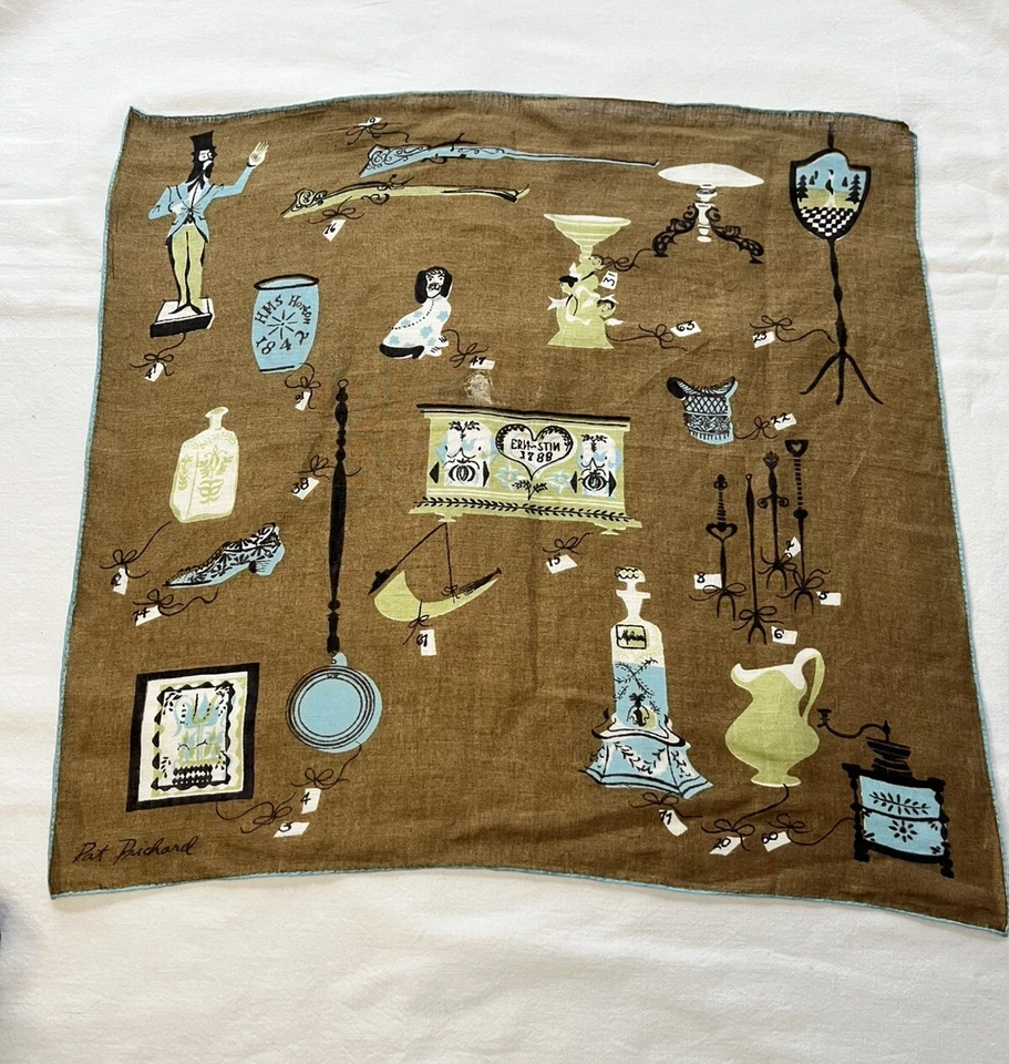 Vintage Pat Prichard Hanky Hankie Mid Century What's For Sale Design Brown - Image 1 of 4