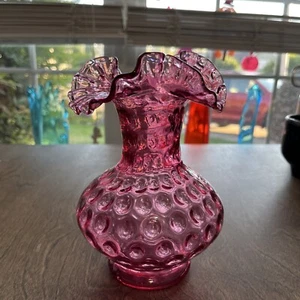 Vintage Fenton Glass Cranberry Coin Dot Thumbprint Ruffled Vase 7" Pink - Picture 1 of 7