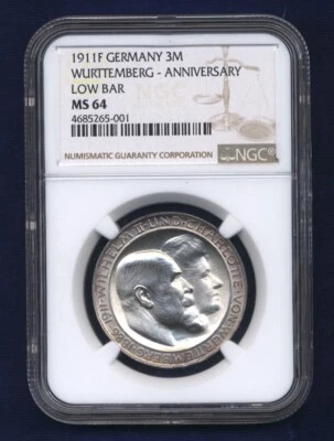GERMANY WURTTEMBERG WILHELM II 1911-F  3 MARK SILVER COIN, NGC CERTIFIED MS64 - Image 1 of 2