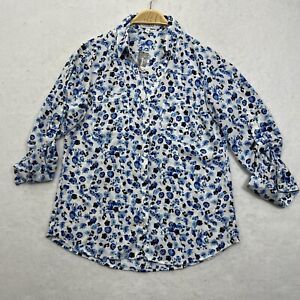 Express The Portofino Shirt Top Womens Size M White/Blue Floral Silk Long Sleeve