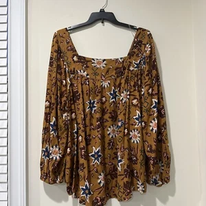 Sonoma Women's Floral Print Peasant Blouse Square Neck Boho Tan NWT Plus 4X - Picture 1 of 9