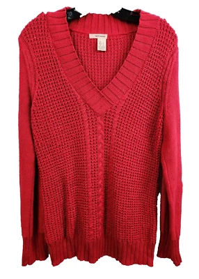 Suéter DKNY Jeans Mujer Grande Rojo Tejido Abierto Manga Larga Cuello en V Pullover Foto 1 de 4