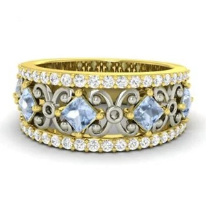 1.31 Ct Real Princess Aquamarine & Diamond Wedding Eternity Band 14k Yellow Gold - Picture 1 of 8