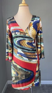 Vintage Y2K "Emerald" Marble Snake Print Faux Wrap Sheath Dress S Made in USA - Picture 1 of 7