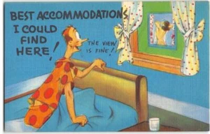 Postal de "Los mejores alojamientos que pude encontrar" cómic arriesgado Peeping Tom años 40 - Imagen 1 de 2