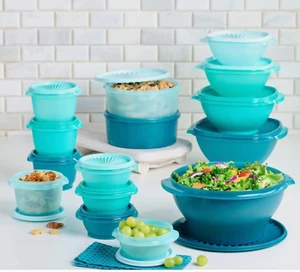 Juego de 30 cuencos Tupperware Servalier tonos azul aguamarina y verde azulado nuevos - Imagen 1 de 6