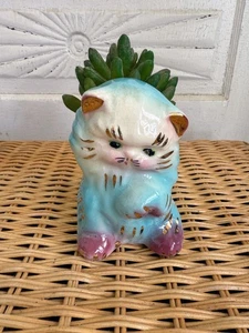 Vintage 50's Blue Ceramic Cat Kitten Planter Pot Vase Kitsch Retro - Picture 1 of 11