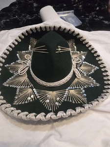 Vintage Pigalle Mexican Dark Green Velvet Sombrero Western Mariachi Hat 5X 19" - Picture 1 of 15