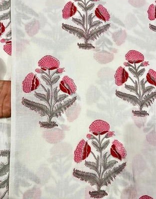 By 5 Yard Hand Block Print Handmade Cotton Indian Natural Sanganeri Print Fabric - Image 1 of 4