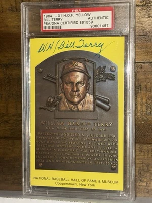 Bill Terry Signed Gold Plaque Postcard HOF Autograph PSA/DNA NY Giants Rare HOF - Image 1 of 4
