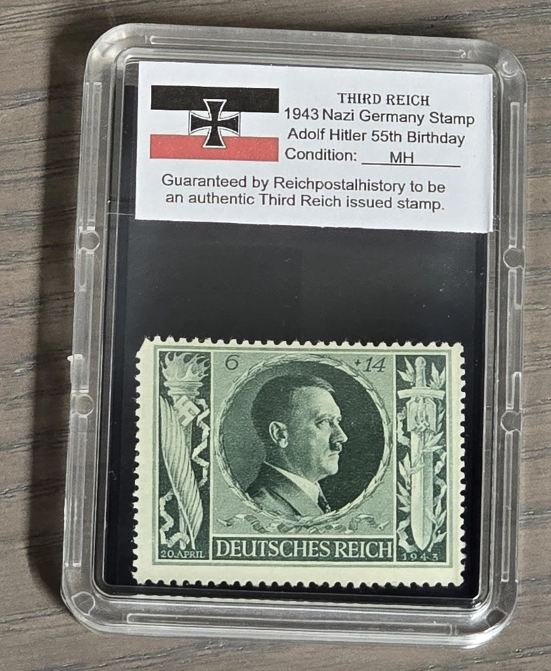 Third Reich WWII Nazi German Adolf Hitler 55th Birthday Stamp 1943 w slab case - Image 1 of 1