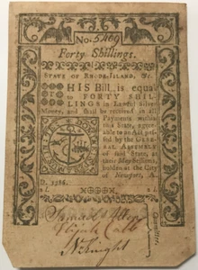 1786 Forty Shillings 40S Rhode Island Colonial Note - Fr# RI-300 - Picture 1 of 2
