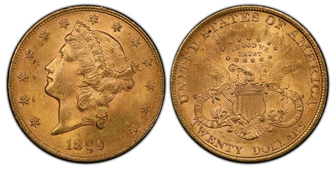 1899 AV $20, Double Eagle. PCGS MS63.  Philadelphia Coronet head KM 74.3 Cover